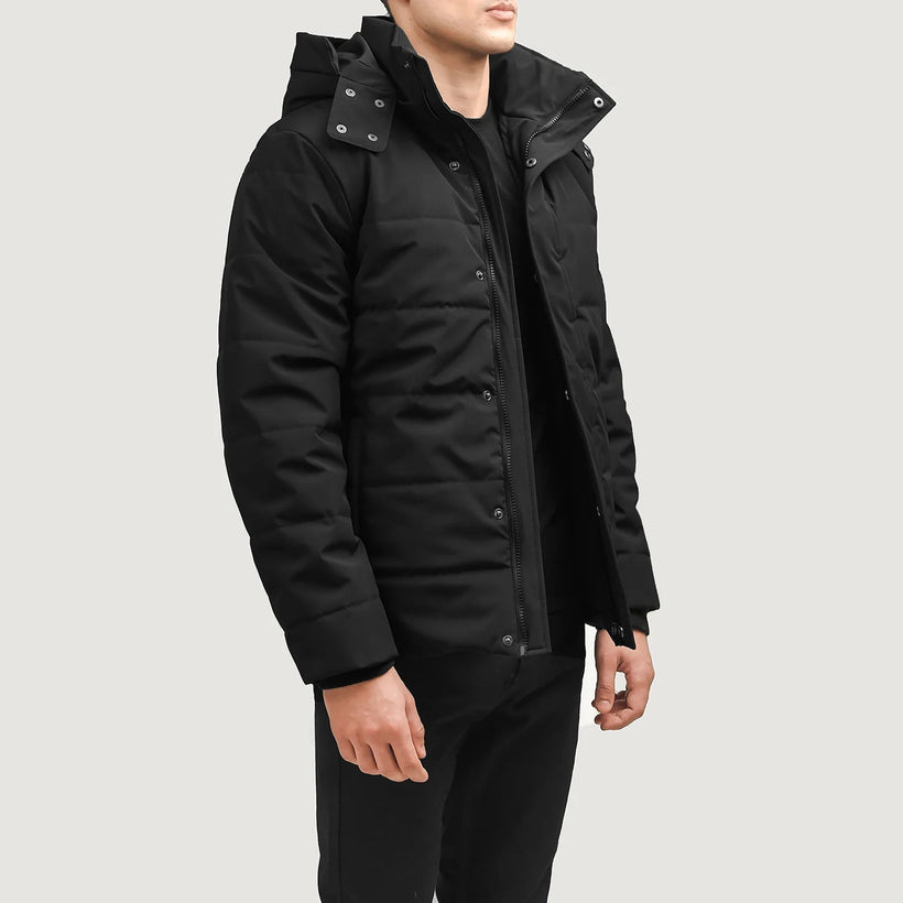 Exton Μαύρο Hooded Down Puffer Δερμάτινο Μπουφάν Ανδρικό