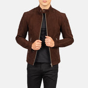 Zipper &amp; Hem Craftsmanship Construction Detail on Men's Fernando Quilted Brown Suede Biker Jacket