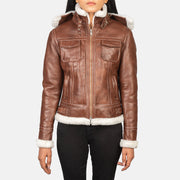 Women's Fiona Brown Hooded Shearling Leather Jacket in Brown Sheepskin Snuffed - Front Profile View &amp; Tailored Silhouette | Buy Online