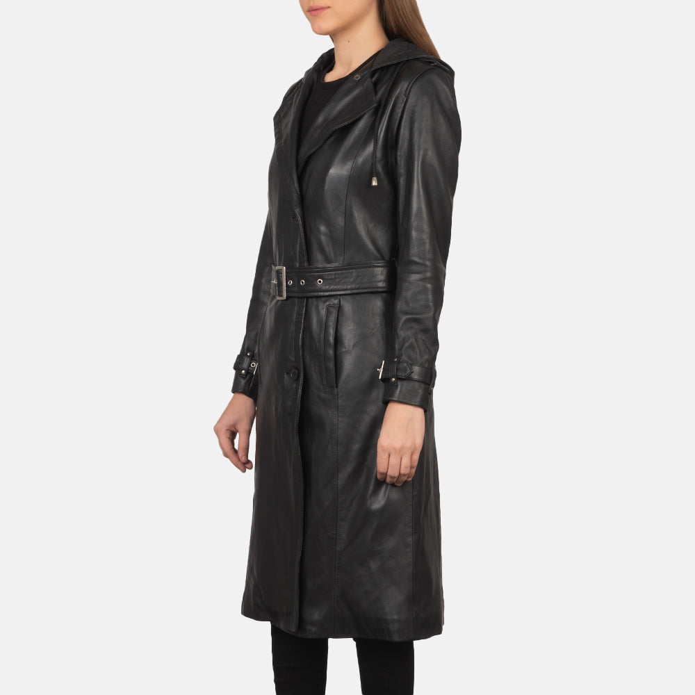 
Κοντινό πλάνο λεπτομέρειας of Hooded & Button + Belt Hardware on Fixon Hooded Μαύρο Δερμάτινη Καμπαρντίνα Γυναικείο