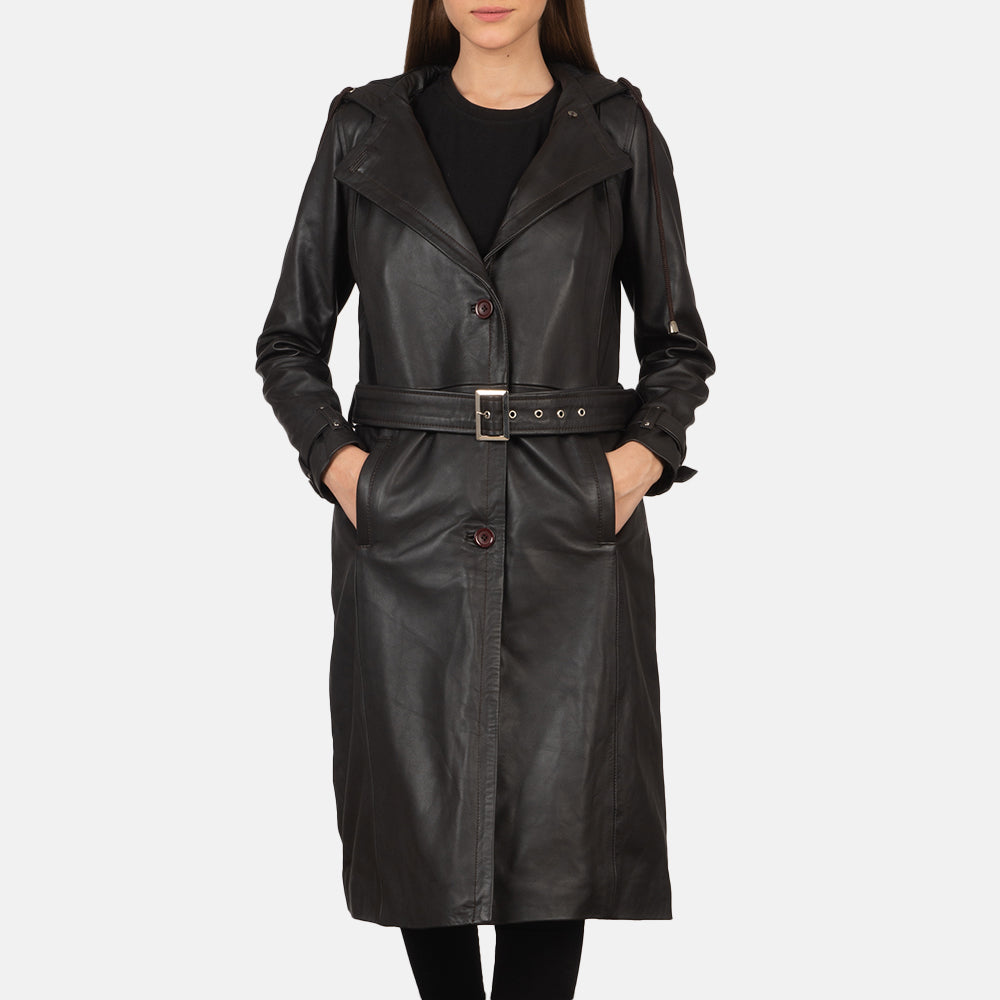 Fixon Hooded Brown Trench Coat in Brown Sheepskin Leather - Μπροστινή όψη & εφαρμοστή σιλουέτα | Αγορά online