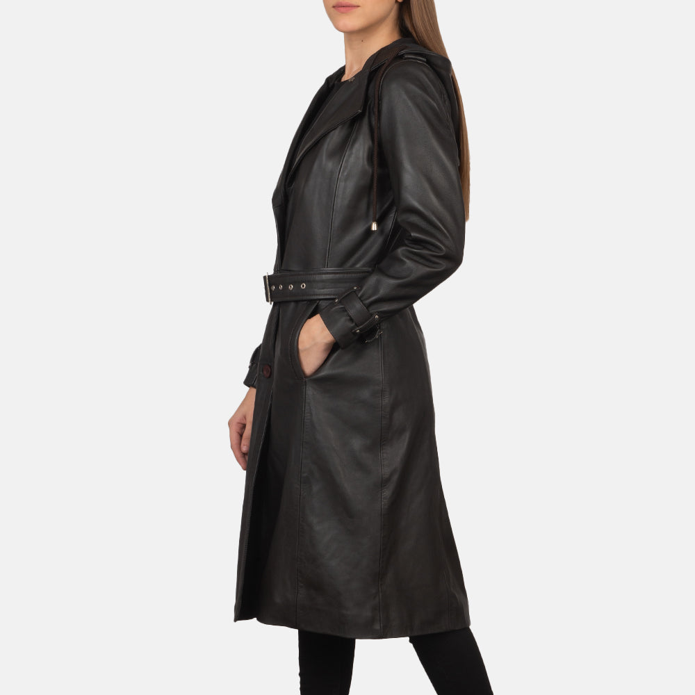 Brown Sheepskin Leather Trench Coat - Πίσω όψη με εφαρμογή στους ώμους & καθαρό στρίφωμα
