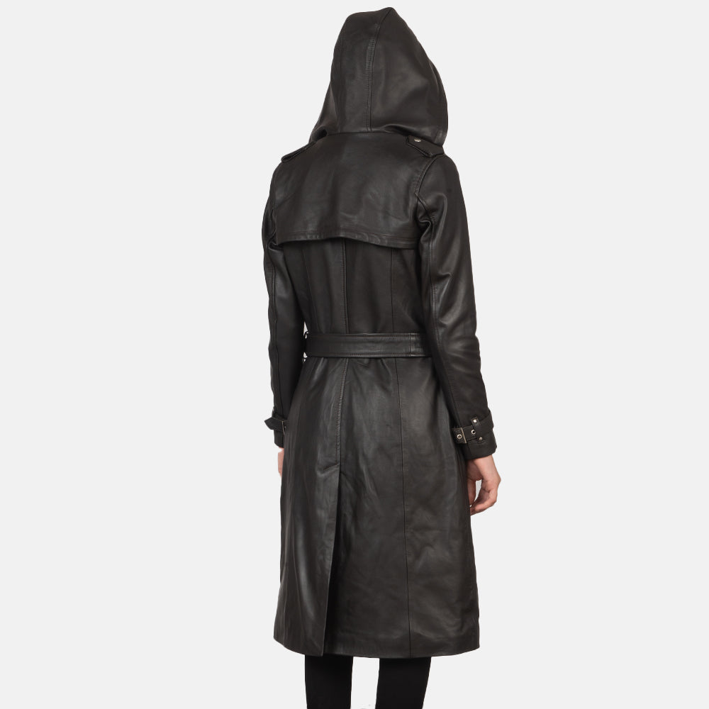 
Κοντινό πλάνο λεπτομέρειας of Hooded & Button + Belt Hardware on Fixon Hooded Καφέ Δερμάτινη Καμπαρντίνα Γυναικείο
