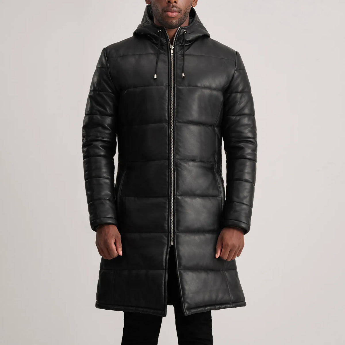 
Κοντινό πλάνο λεπτομέρειας of Hooded & Zipper Hardware on Floyd Tan Hooded Leather Puffer Coat