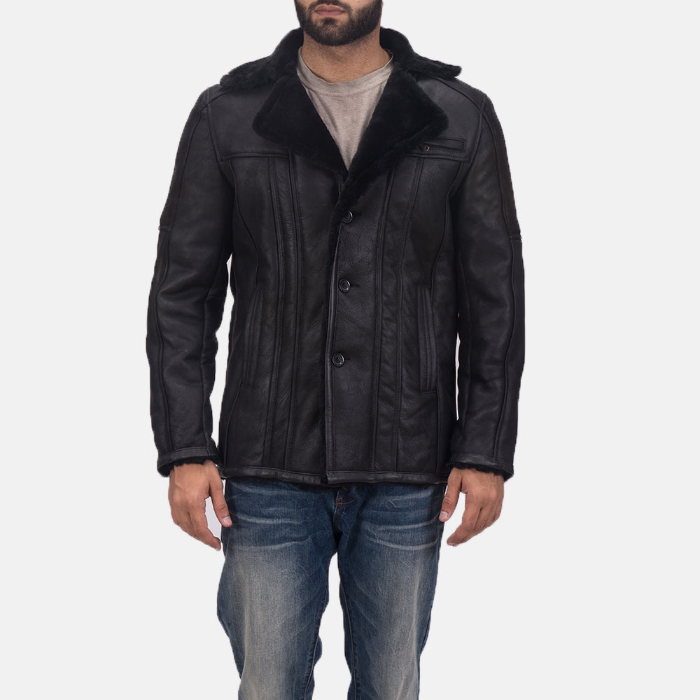 Men's Furcliff Double Face Shearling Leather Coat - Lateral Side Profile View Showing Sleeve Cut &amp; Athletic Taper Fit