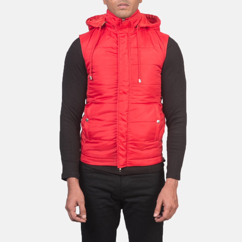 
Κοντινό πλάνο λεπτομέρειας of Band with Removable Hood & Zipper with dual puller and wind flap Hardware on Fuston Κόκκινο Αμάνικο μπουφάν γιλέκο με κουκούλα Ανδρικό