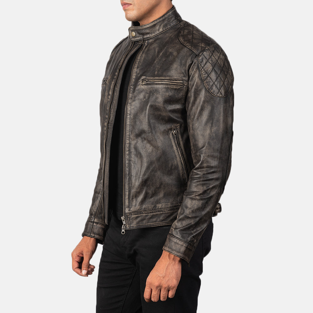 Distressed Brown Goatskin Leather Biker Jacket - Back View Showing Tailored Shoulder Fit &amp; Clean Hemline