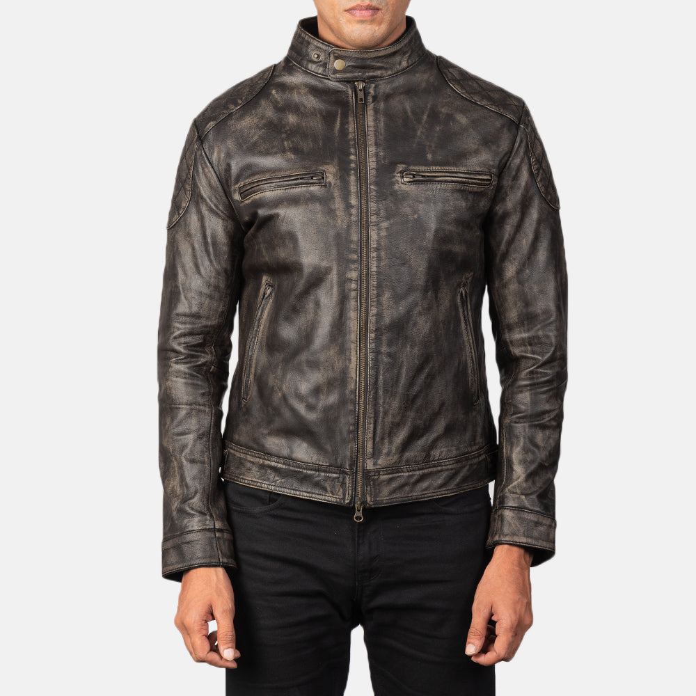 Men's Gatsby Quilted Distressed Brown Leather Jacket - Lateral Side Profile View Showing Sleeve Cut &amp; Athletic Taper Fit