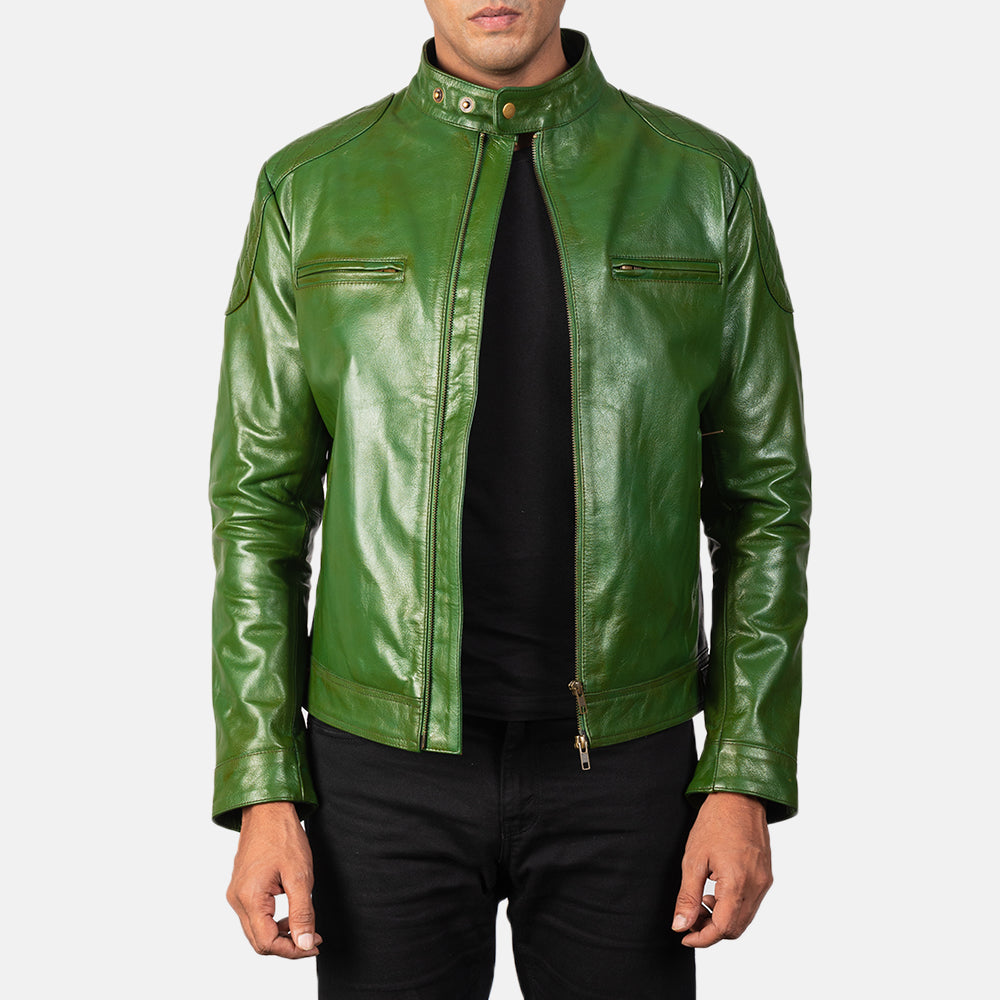 
Gatsby Quilted Green Leather Biker Jacket in Green Sheepskin Burnishing - Μπροστινή όψη & εφαρμοστή σιλουέτα | Αγορά online