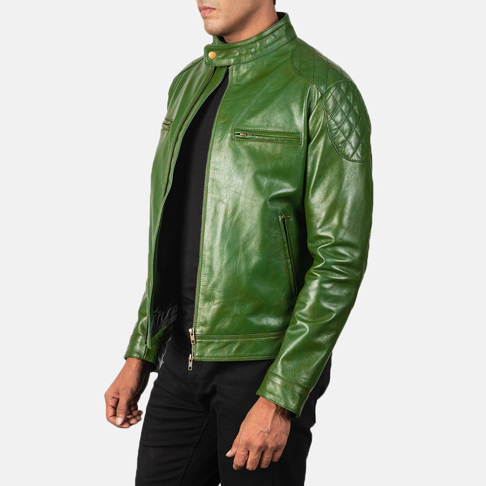 
Green Sheepskin Burnishing Biker Jacket - Πίσω όψη με εφαρμογή στους ώμους & καθαρό στρίφωμα
