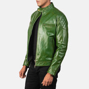 
Green Sheepskin Burnishing Biker Jacket - Πίσω όψη με εφαρμογή στους ώμους & καθαρό στρίφωμα