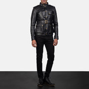 Close-Up Detail of Band with snap button &amp; Snap Button Hardware on Germain Black Leather Jacket