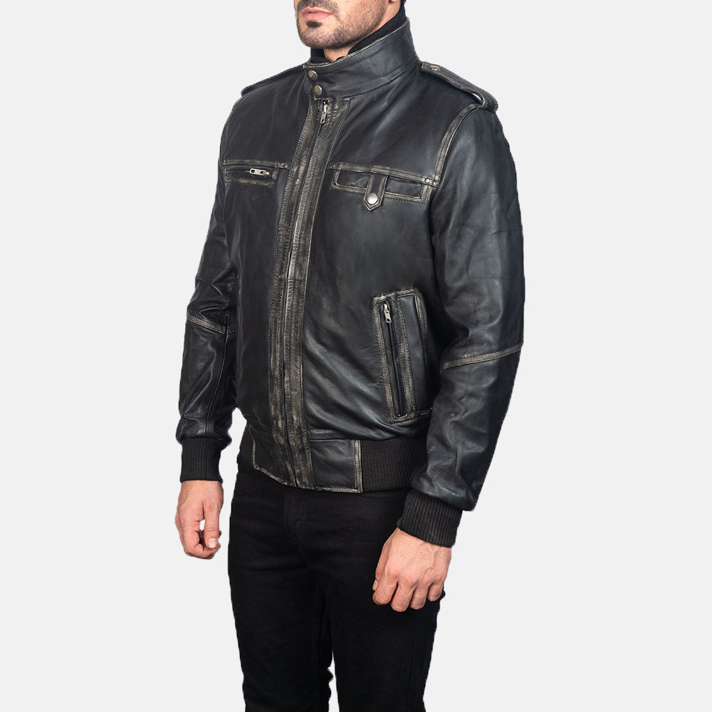Black Cowhide Leather Bomber Jacket - Back View Showing Tailored Shoulder Fit &amp; Clean Hemline