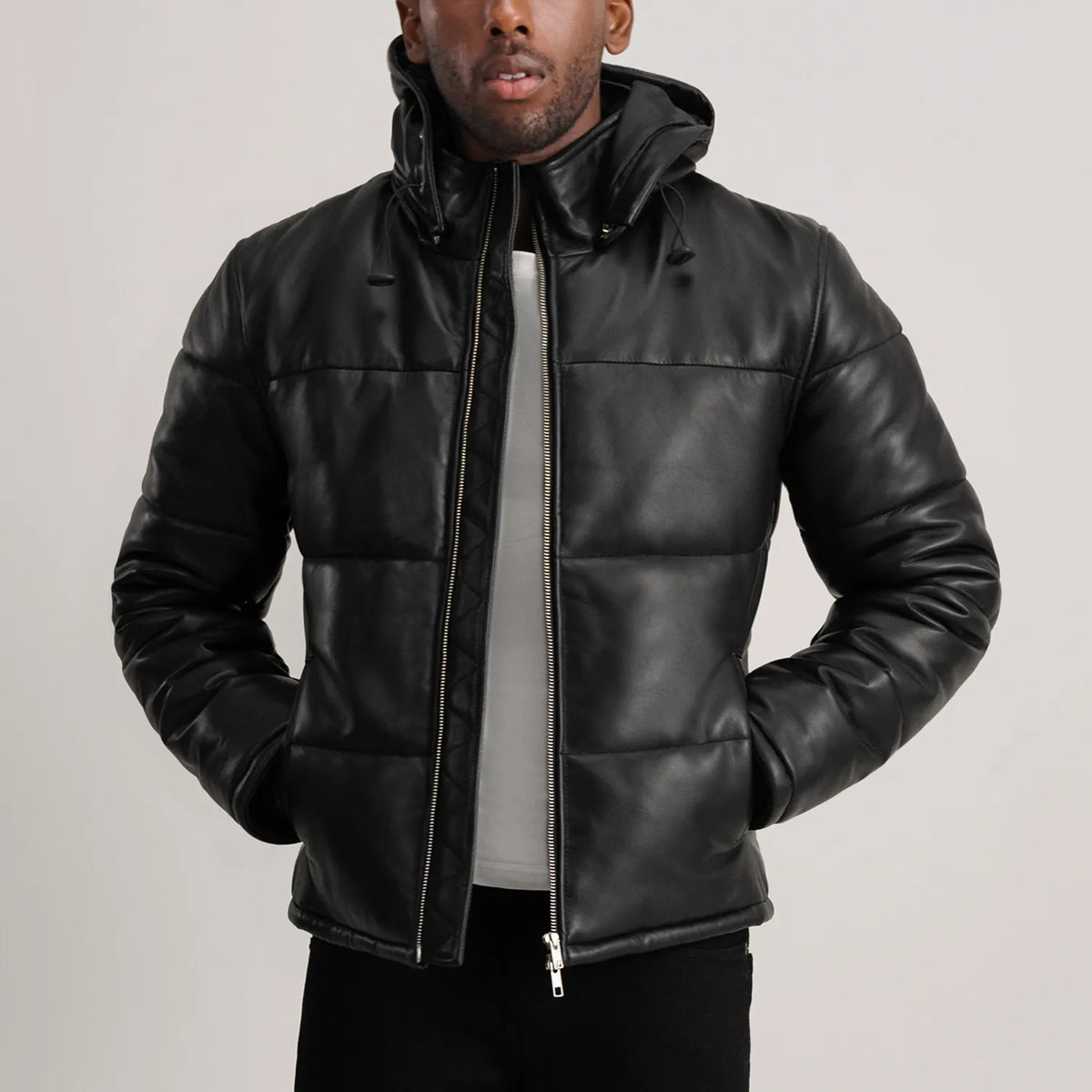 
Gordon Tan Hooded Leather Puffer Jacket in Tan Brown Sheepskin Leather - Μπροστινή όψη & εφαρμοστή σιλουέτα | Αγορά online