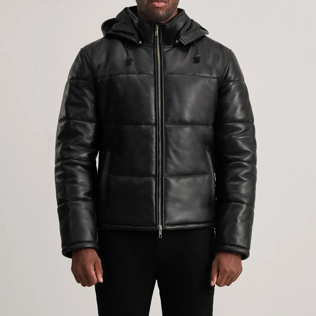 
Κοντινό πλάνο λεπτομέρειας of High neck & Zipper Hardware on Gordon Tan Hooded Leather Puffer Jacket