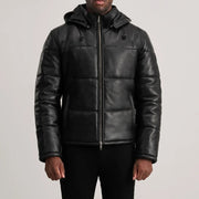 
Κοντινό πλάνο λεπτομέρειας of High neck & Zipper Hardware on Gordon Tan Hooded Leather Puffer Jacket