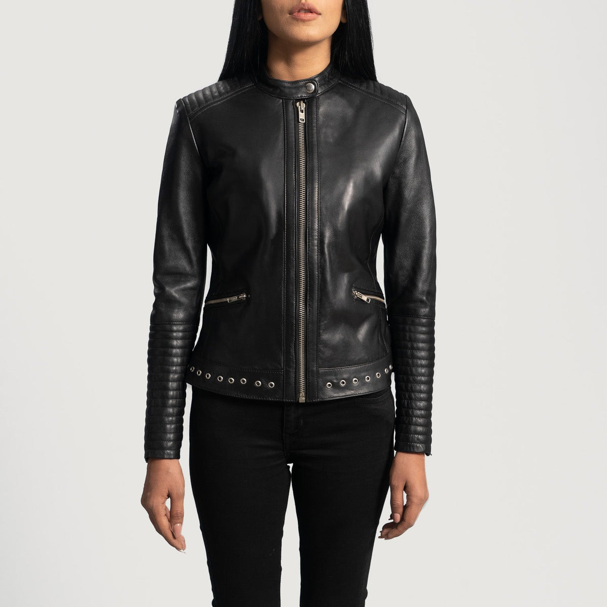 Women's Haley Ray Black Leather Biker Jacket in Black Sheepskin Leather - Front Profile View &amp; Tailored Silhouette | Buy Online