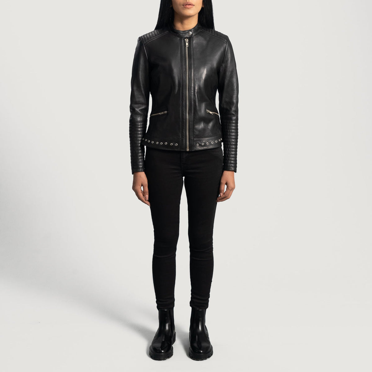 Close-Up Detail of Band with snap button &amp; Zipper Hardware on Women's Haley Ray Black Leather Biker Jacket