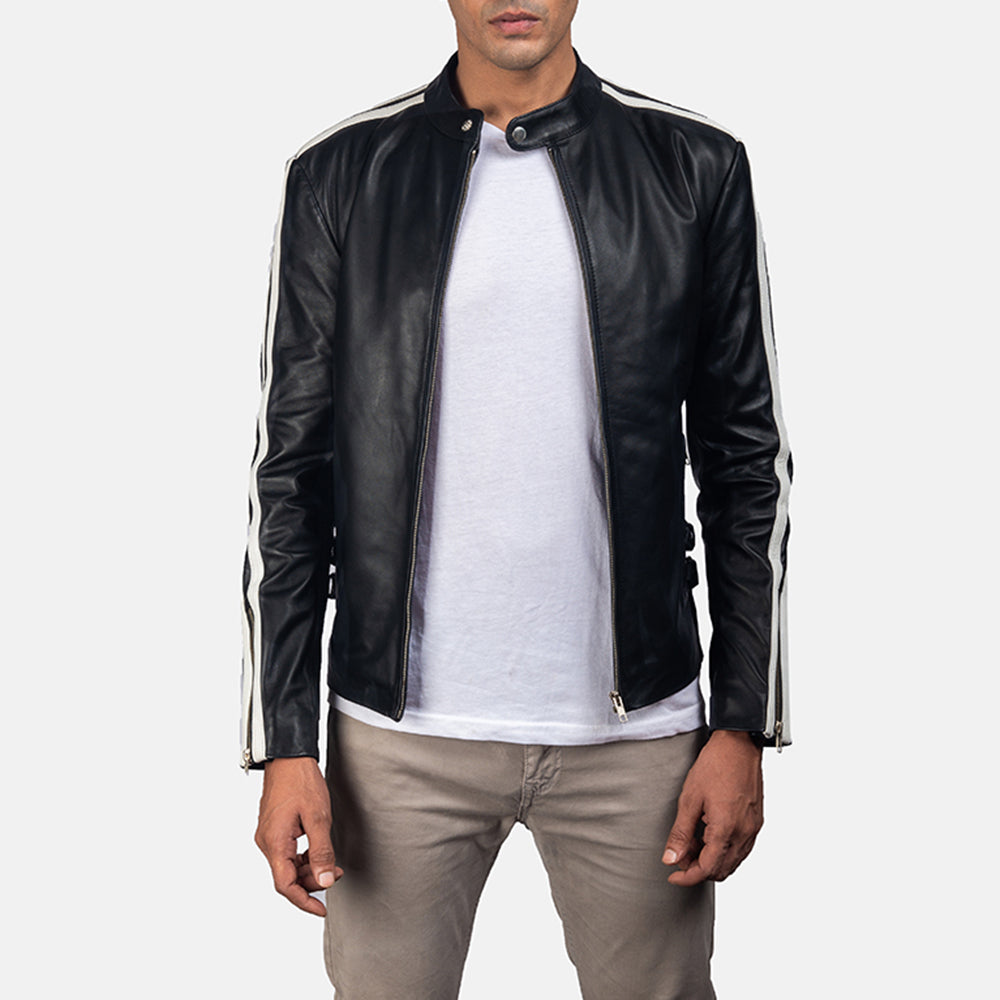 
Hank Μαύρο Δερμάτινο Μπουφάν Biker Ανδρικό in Black & White Cowhide Leather - Μπροστινή όψη & εφαρμοστή σιλουέτα | Αγορά online