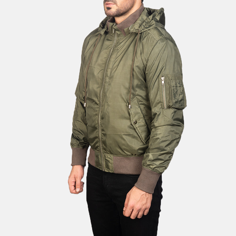 
Green Nylon Bomber Jacket - Πίσω όψη με εφαρμογή στους ώμους & καθαρό στρίφωμα