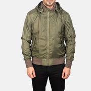 
Κοντινό πλάνο λεπτομέρειας of Knit Rib with Removable Nylon Hood & Zipper Hardware on Hanklin Ma-1 Green Hooded Bomber Jacket