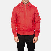 
Κοντινό πλάνο λεπτομέρειας of Knit Rib with Removable Nylon Hood & Zipper Hardware on Hanklin Ma-1 Red Hooded Bomber Jacket