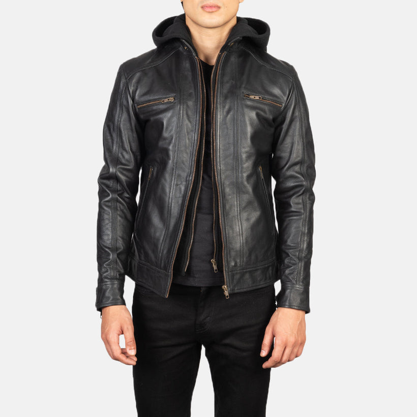 Hector Μαύρο Hooded Δερμάτινο Μπουφάν Biker Ανδρικό