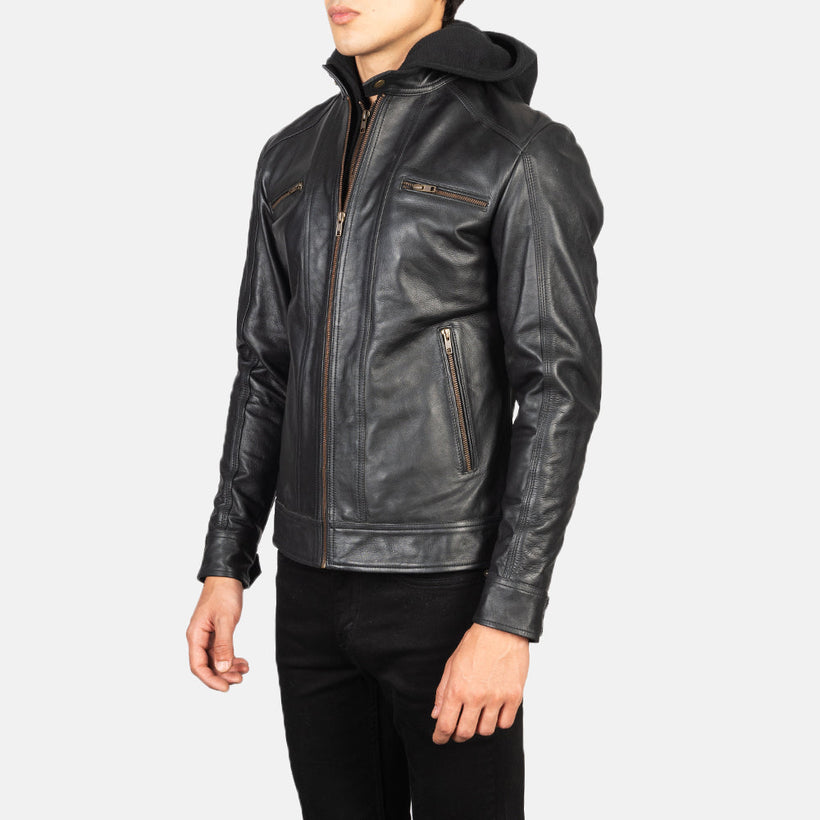Hector Μαύρο Hooded Δερμάτινο Μπουφάν Biker Ανδρικό