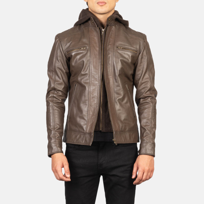 Hector Καφέ Hooded Δερμάτινο Μπουφάν Biker Ανδρικό