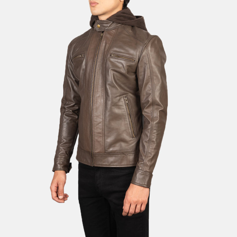 Hector Καφέ Hooded Δερμάτινο Μπουφάν Biker Ανδρικό