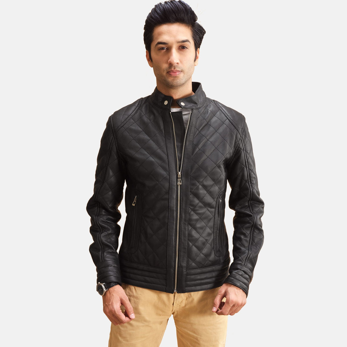 Henry Quilted Black Leather Jacket in Black Sheepskin Leather - Front Profile View &amp; Tailored Silhouette | Buy Online