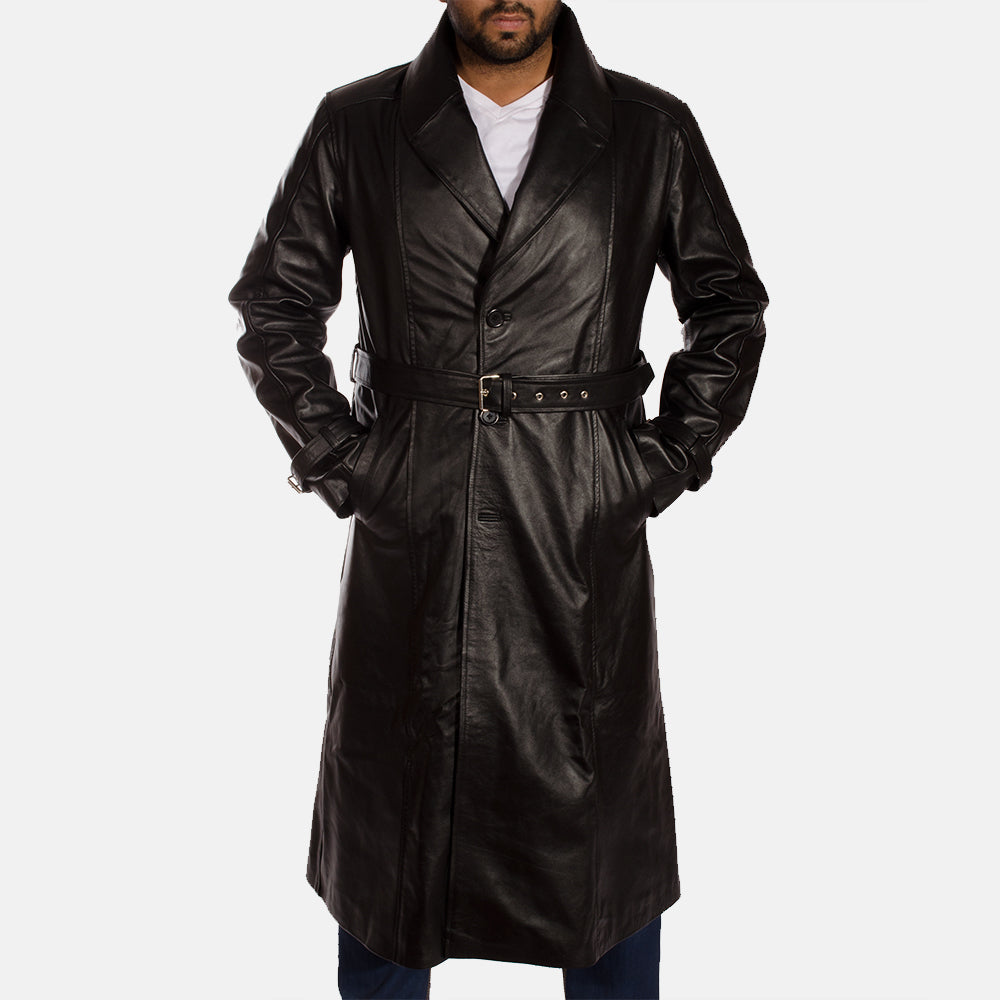 
Black Cowhide Leather Trench Coat - Πίσω όψη με εφαρμογή στους ώμους & καθαρό στρίφωμα