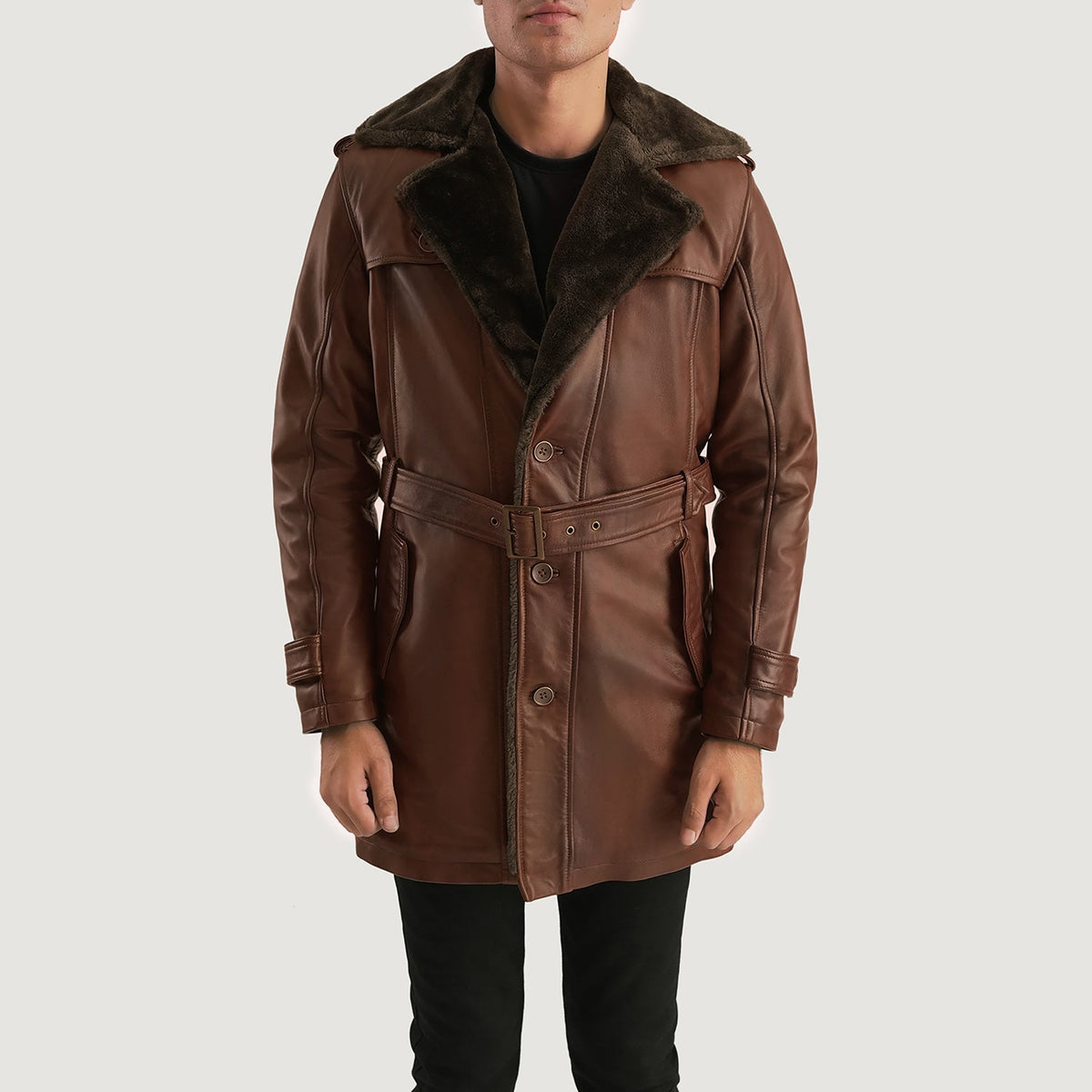 
Hunter Distressed Καφέ Fur Δερμάτινο Παλτό Ανδρικό in Distressed Brown Sheepskin Burnishing - Μπροστινή όψη & εφαρμοστή σιλουέτα | Αγορά online