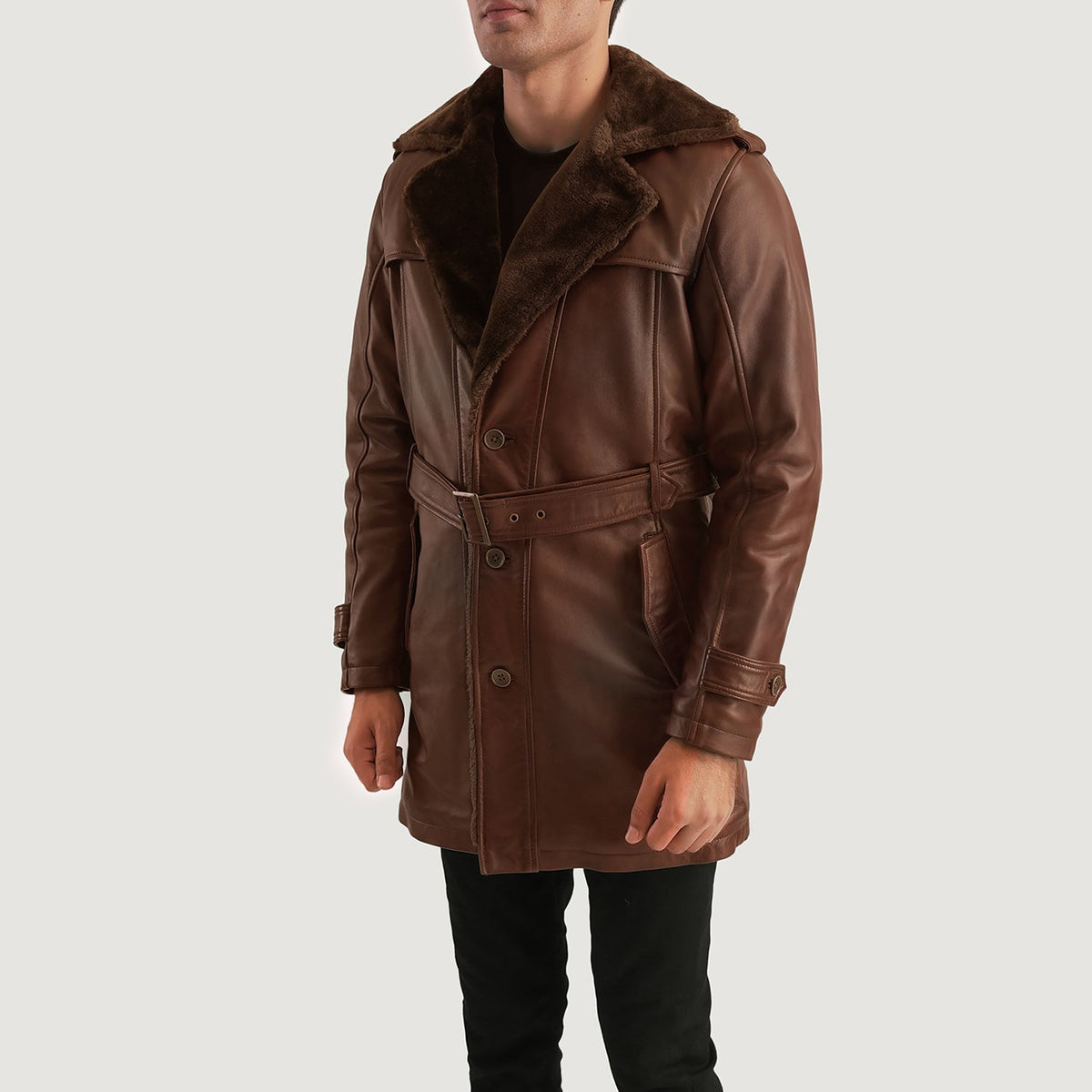 
Distressed Brown Sheepskin Burnishing Winter Jacket - Πίσω όψη με εφαρμογή στους ώμους & καθαρό στρίφωμα