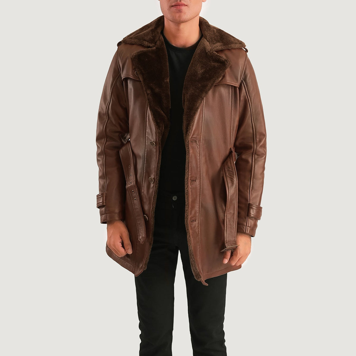 
Hunter Distressed Καφέ Fur Δερμάτινο Παλτό Ανδρικό - Πλαϊνή όψη που αναδεικνύει το κόψιμο των μανικιών