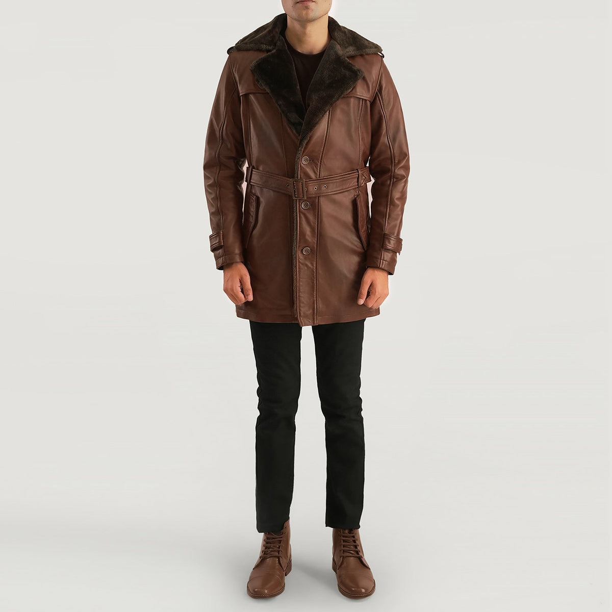 
Κοντινό πλάνο λεπτομέρειας of Notch & Button Hardware on Hunter Distressed Καφέ Fur Δερμάτινο Παλτό Ανδρικό