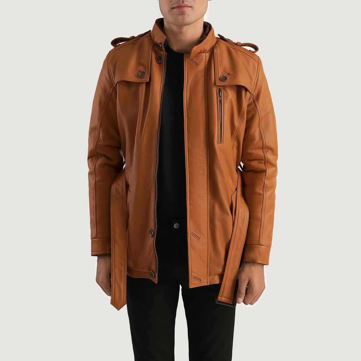 Hunter Tan Brown Fur Leather Jacket in Tan Brown Sheepskin Leather - Front Profile View &amp; Tailored Silhouette | Buy Online