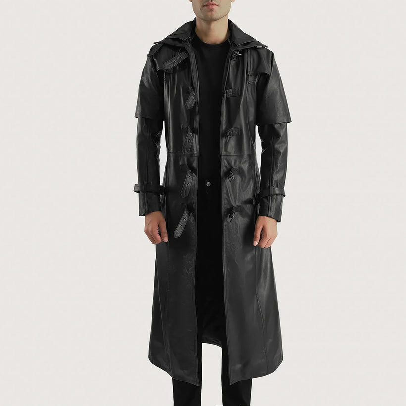 Huntsman Μαύρο Hooded Δερμάτινη Καμπαρντίνα Ανδρικό