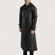 
Black. Cowhide Leather Trench Coat - Πίσω όψη με εφαρμογή στους ώμους & καθαρό στρίφωμα