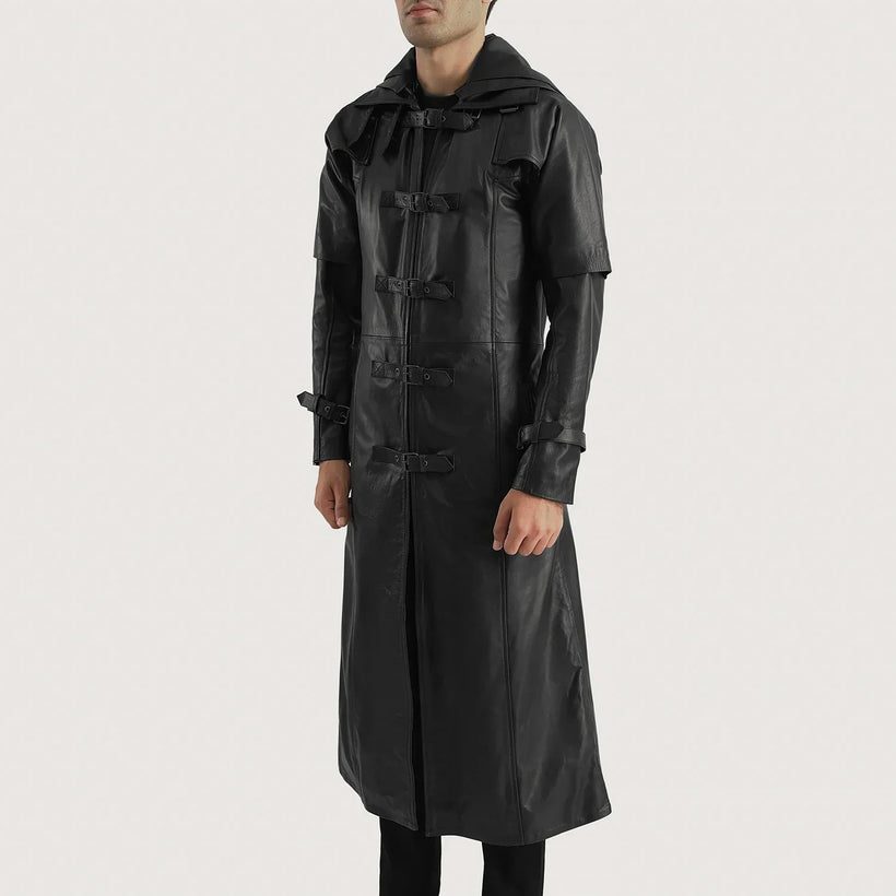 Huntsman Μαύρο Hooded Δερμάτινη Καμπαρντίνα Ανδρικό