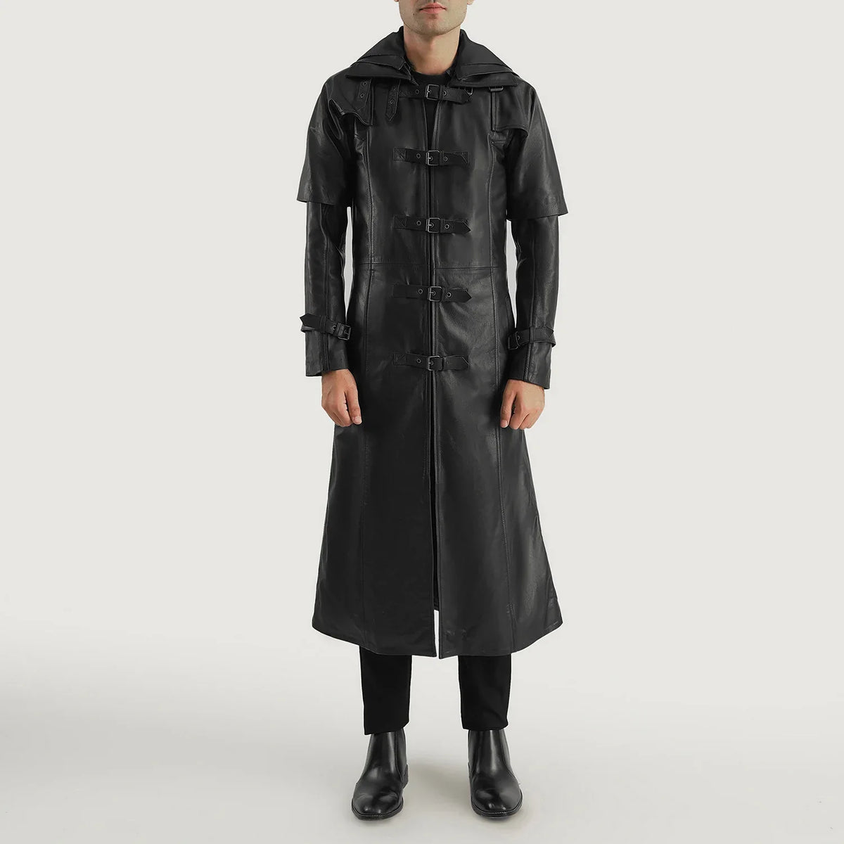 
Huntsman Μαύρο Hooded Δερμάτινη Καμπαρντίνα Ανδρικό - Πλαϊνή όψη που αναδεικνύει το κόψιμο των μανικιών