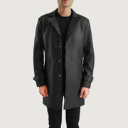 Close-Up Detail of Notch &amp; Snap Button Hardware on Infinity Black Leather Coat
