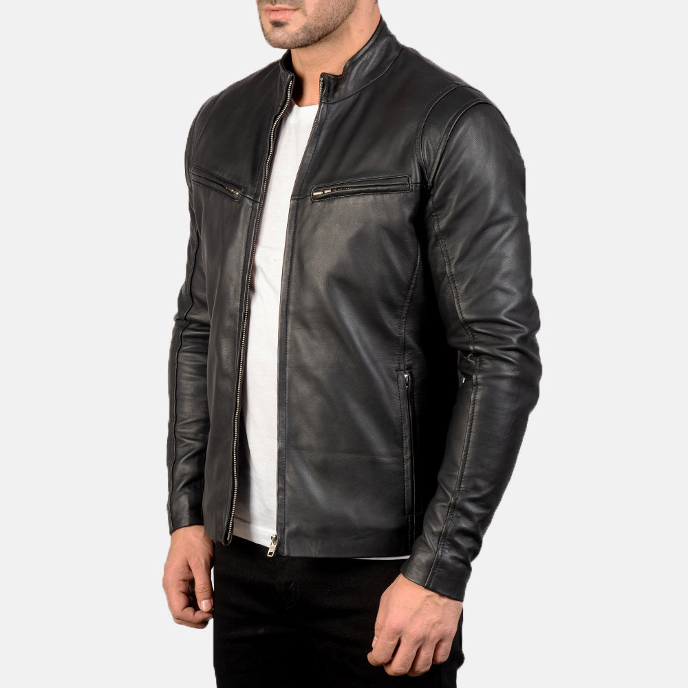 
Black Sheepskin Leather Biker Jacket - Πίσω όψη με εφαρμογή στους ώμους & καθαρό στρίφωμα