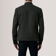 Close-Up Detail of Classic Collar &amp; Button Hardware on Irwin Olive Waxed Canvas Field Jacket For Men