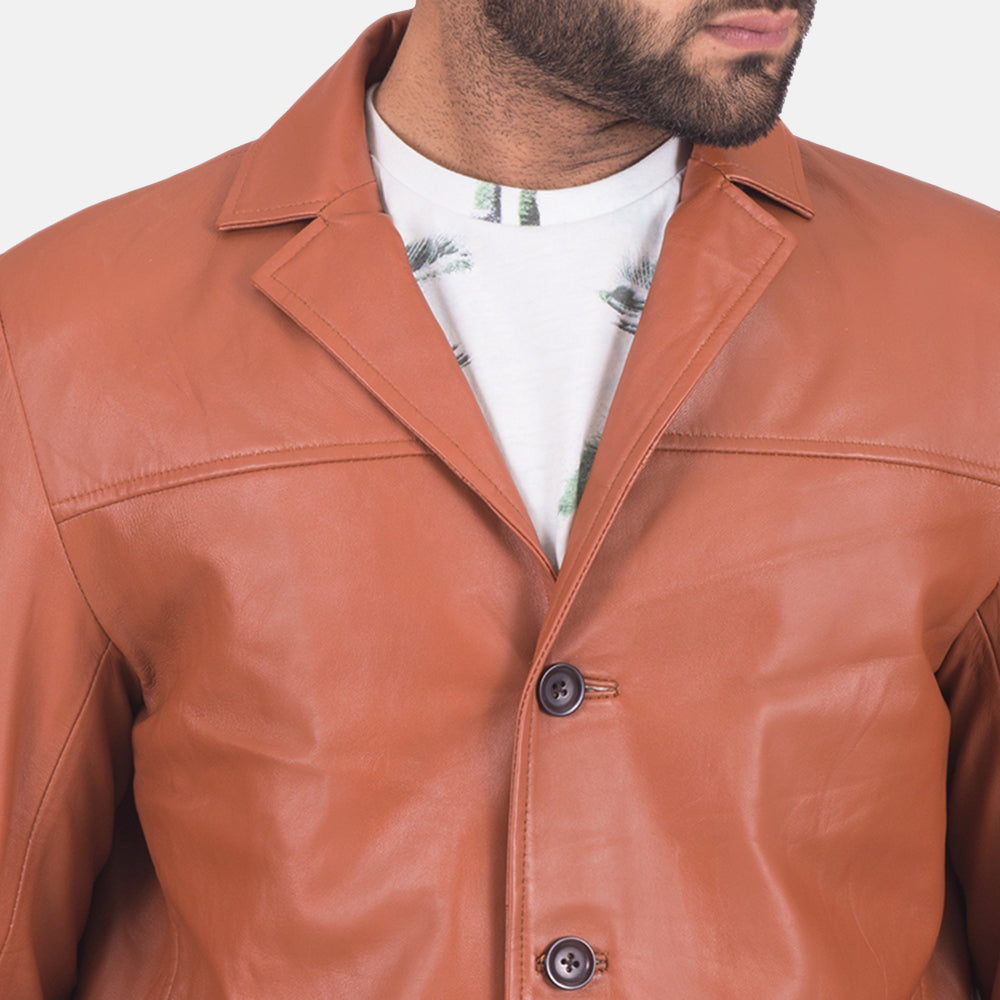 Close-Up Detail of Notch &amp; Button Hardware on James Tan Brown Leather Blazer