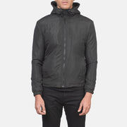 
Κοντινό πλάνο λεπτομέρειας of High Neck with Hood & Zipper with wind flap Hardware on Jimmy Μαύρο Hooded Windbreaker Δερμάτινο Μπουφάν Ανδρικό