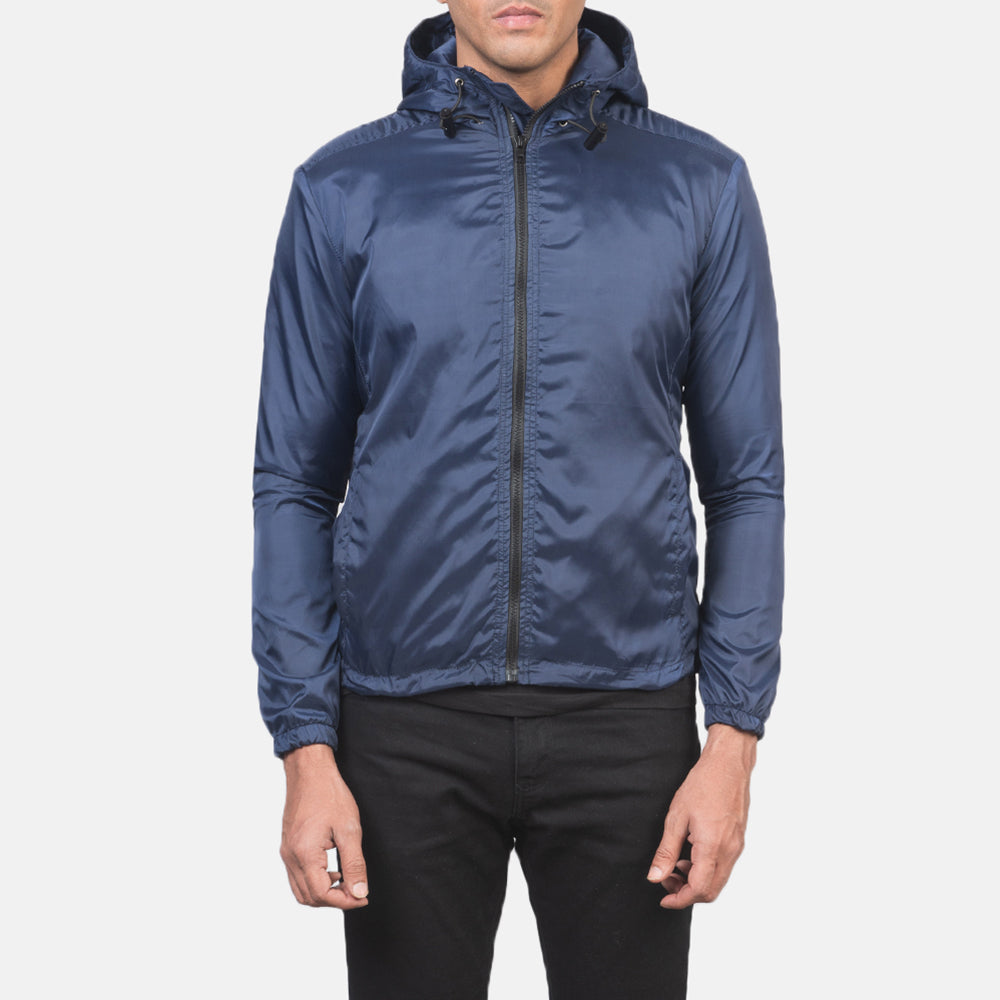 Jimmy Blue Hooded Windbreaker Jacket in Blue Nylon - Μπροστινή όψη & εφαρμοστή σιλουέτα | Αγορά online