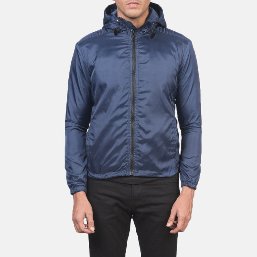 Jimmy Μπλε Hooded Windbreaker Δερμάτινο Μπουφάν Ανδρικό