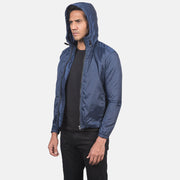
Κοντινό πλάνο λεπτομέρειας of High Neck with Hood & Zipper with wind flap Hardware on Jimmy Μπλε Hooded Windbreaker Δερμάτινο Μπουφάν Ανδρικό