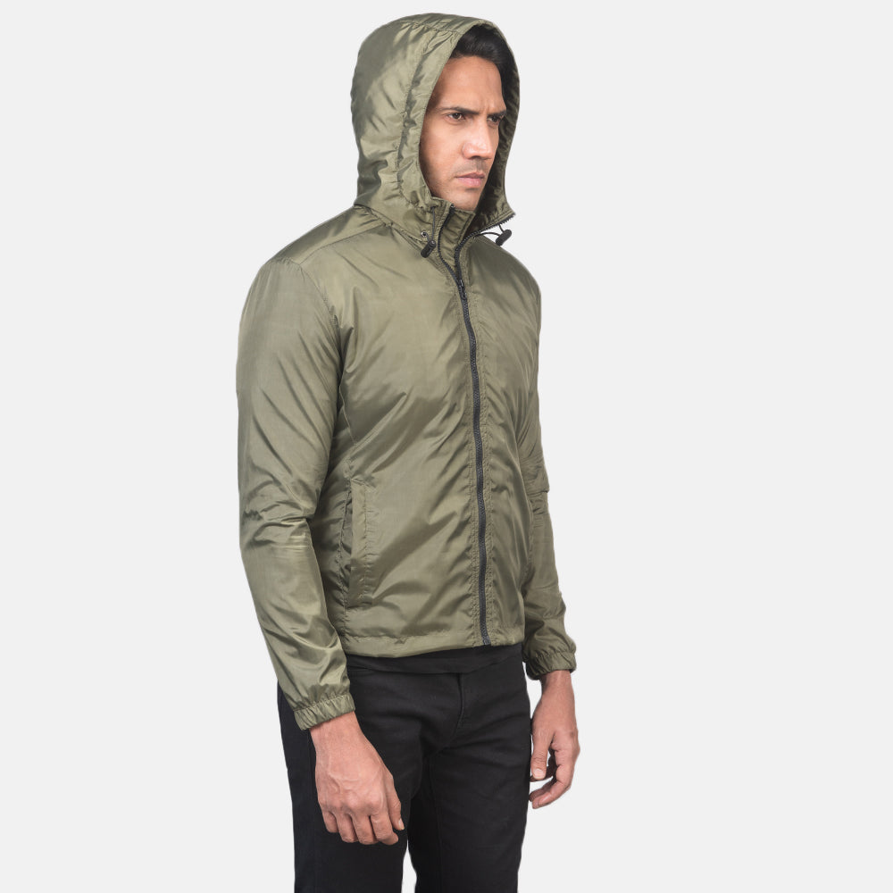 Green Nylon Hooded Jacket - Πίσω όψη με εφαρμογή στους ώμους & καθαρό στρίφωμα